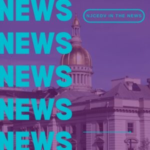 ID: Against a purple background is the Trenton Statehouse faded with NEWS bolded in blue 5 times. In the top right is NJCEDV in the news bolded in blue.